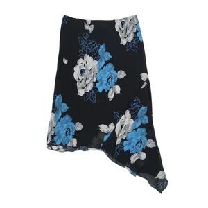 Vintage 90s/Y2K Sunny Black and Blue Rose Floral Asymmetrical Midi Skirt 2X